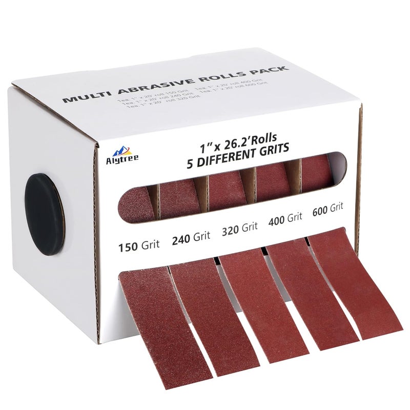 Alytree 5 Grits Emery Cloth Roll 8M, 150 240 320 400 600 Grits Abrasive Sand Paper for Metal and Wood Furniture with Dispenser - Red Sandpaper Rolls - Image 1